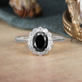 1.5 Carat Classic Halo Black Onyx Ring Oval Shaped Engagement Ring